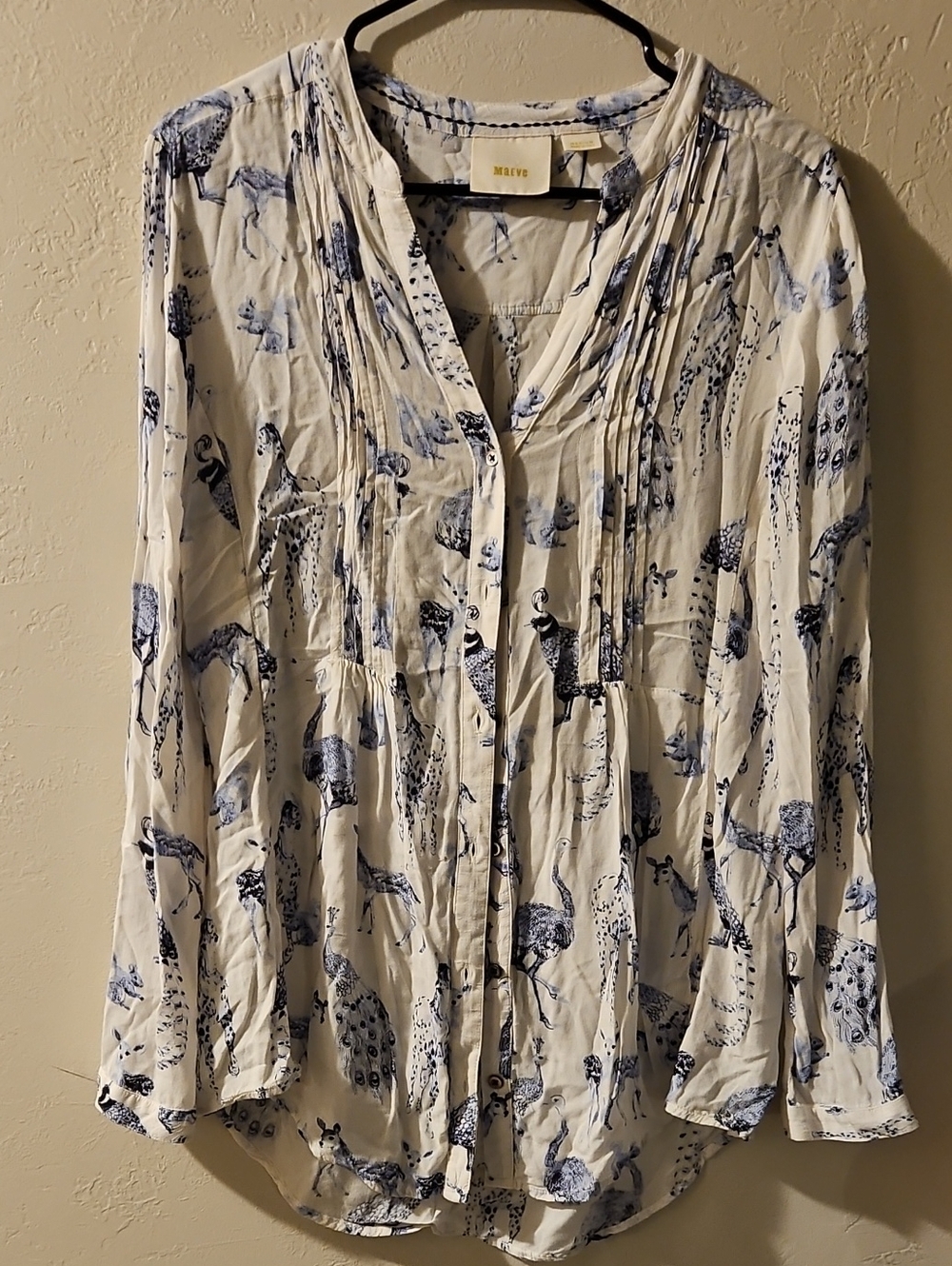 Maeve White Blouse with Navy Animal Print and Pintucks